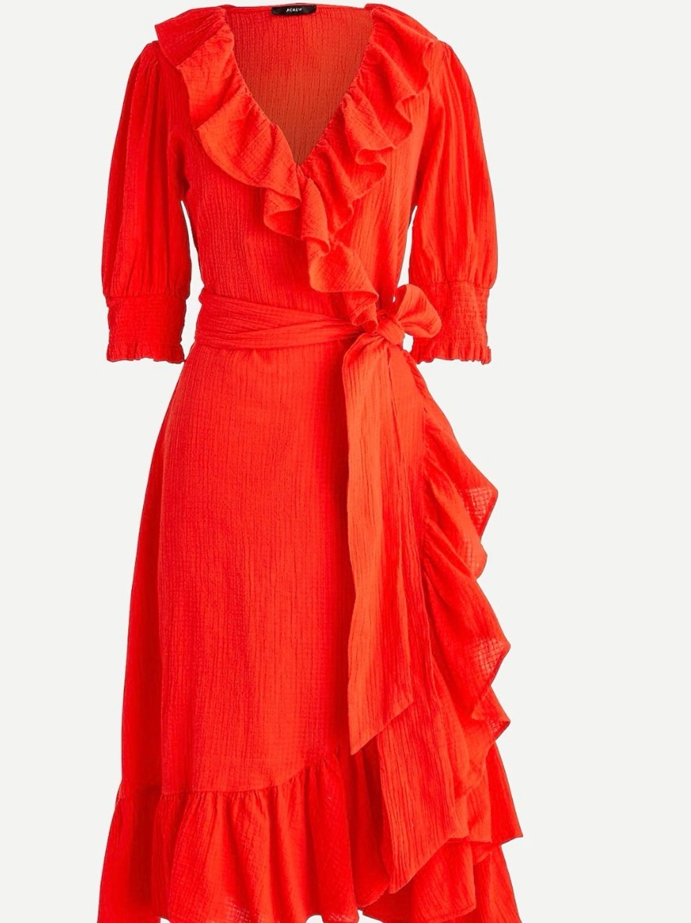J. Crew Bright Red Ruffle Wrap Midi Dress